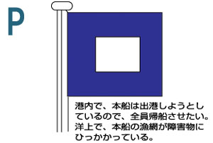 P 港内で、本船は出港しようとしているので、全員帰船させたい。洋上で、本船の漁網が障害物にひっかかっている。